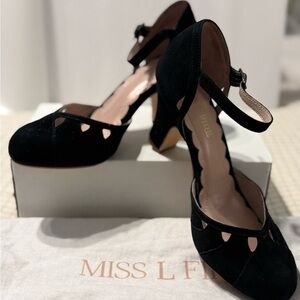 Miss L Fire Black Suede Women's Ankle Strap Cut Out Heels